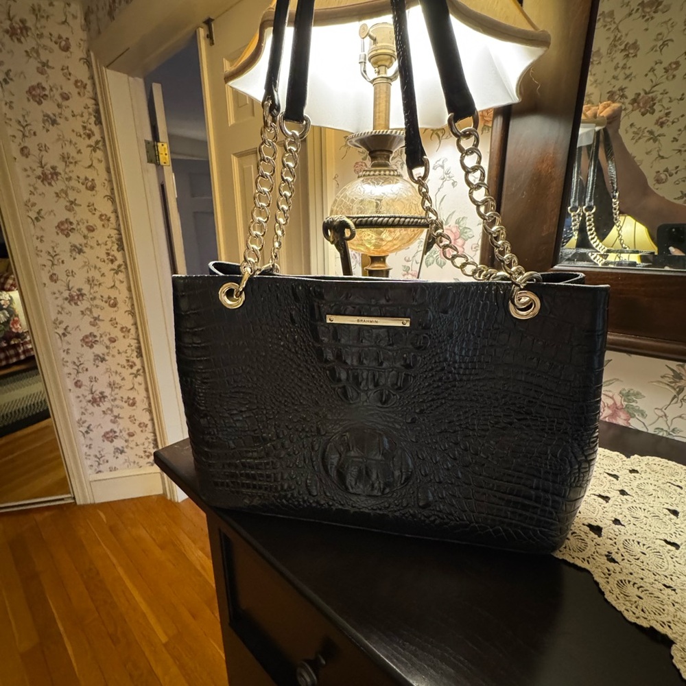 Brahmin Black Croc-Embossed Chain-Handle Tote